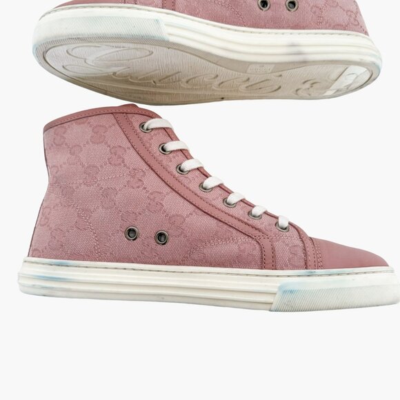 Gucci Rebel High Top GG Sneakers EU 37 US 7 Pink Monogram Canvas Lace Up Cap Toe - Picture 12 of 13